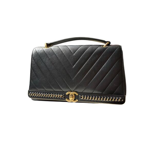 Chanel Chevron Top Handle Flap Bag - Black Calfskin with Gold Hardware - Picture 9 of 11